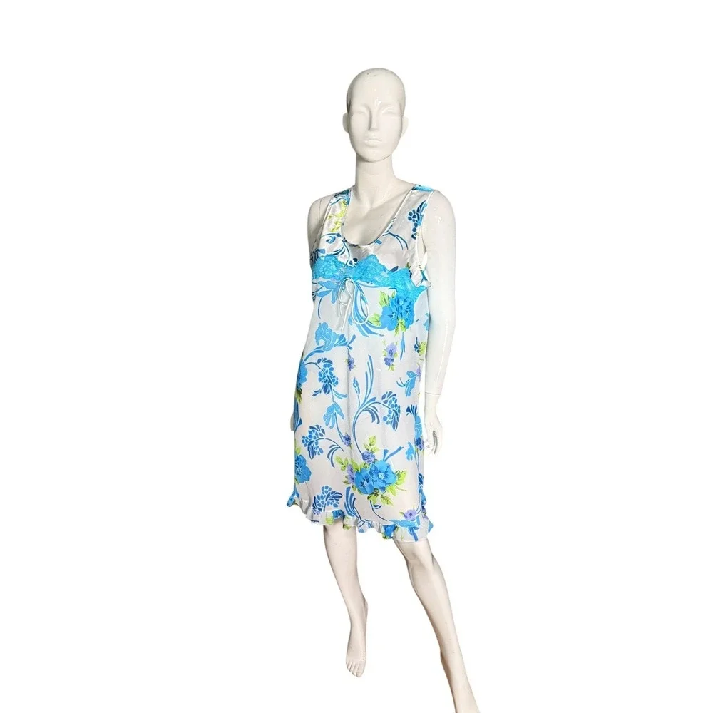 Je T'Adore Satin Night Gown Wmns Blue White Floral 2X Fairy Whimsy Vintage 90s